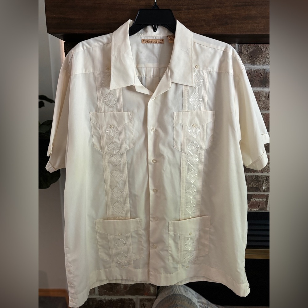 Vintage 60’s Men's Havanera Short Sleeve Shirt in Cream - XXL